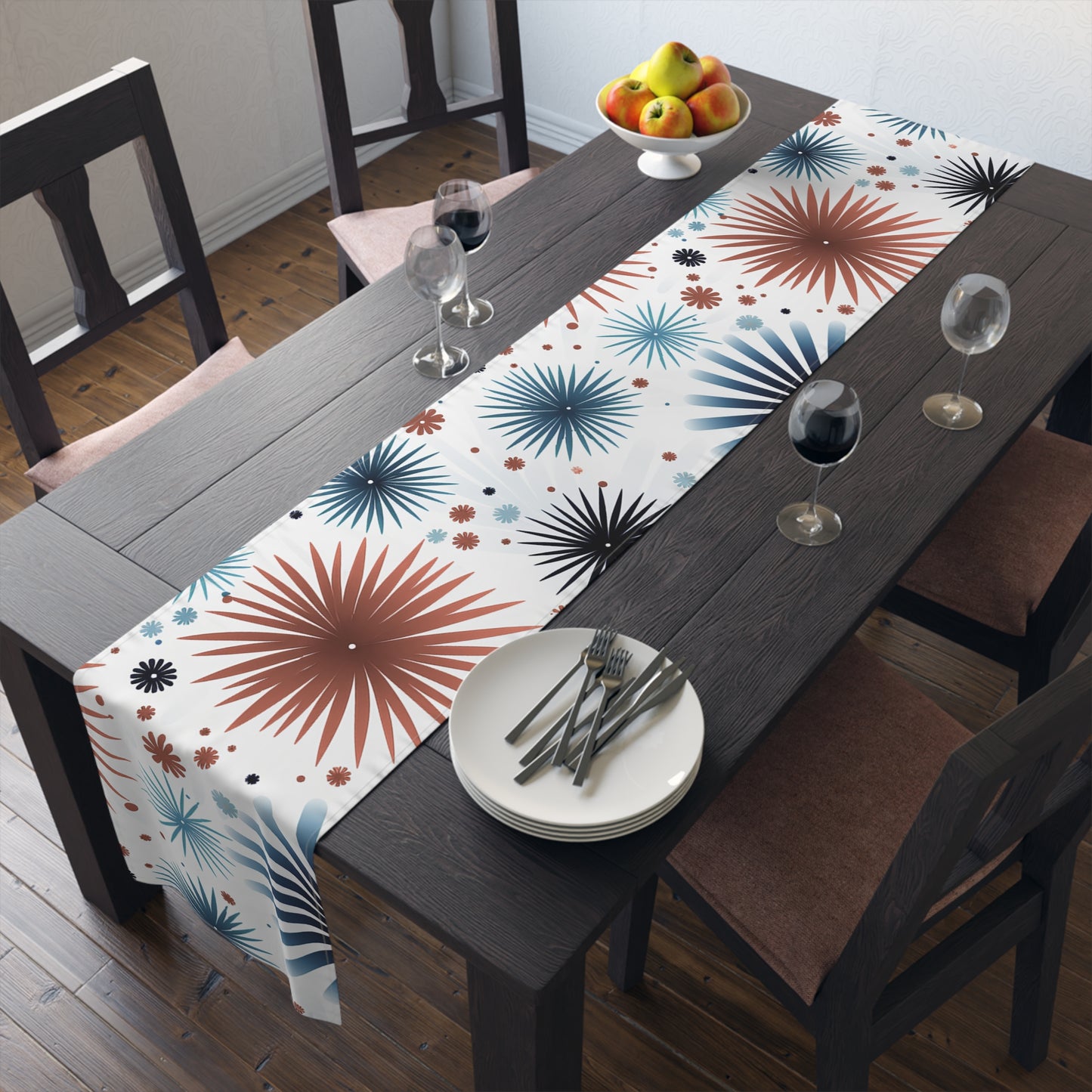 Starburst Floral Table Runner — Blue & Terracotta Cotton-Poly Dining Decor