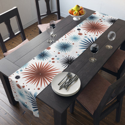 Starburst Floral Table Runner — Blue & Terracotta Cotton-Poly Dining Decor