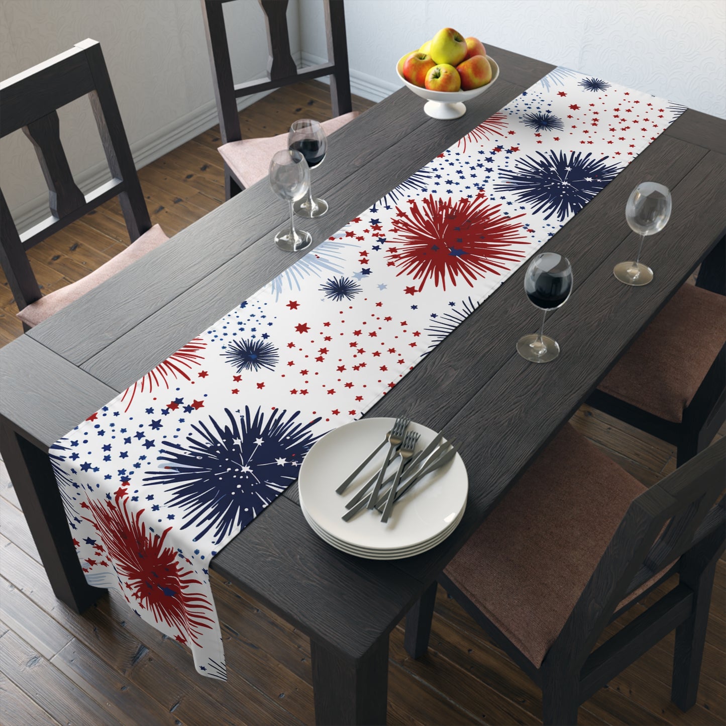 Patriotic Fireworks Table Runner — Red, White & Blue Starburst Holiday Decor