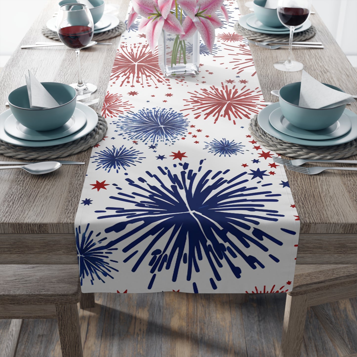 Patriotic Fireworks Table Runner — Red, White & Blue Festival Decor