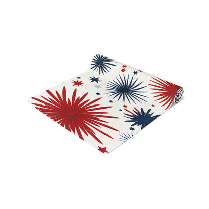 Patriotic Fireworks Table Runner – Red & Navy Starburst Holiday Decor
