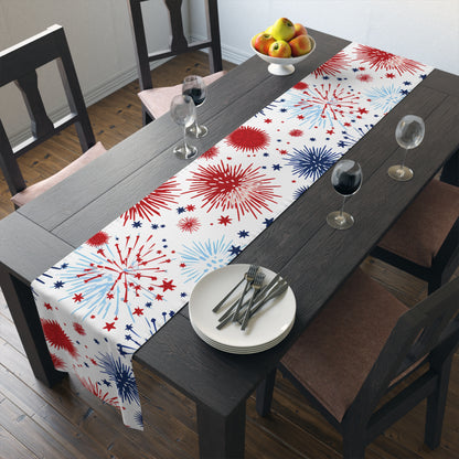 Patriotic Fireworks Table Runner — Red White Blue Celebration Decor