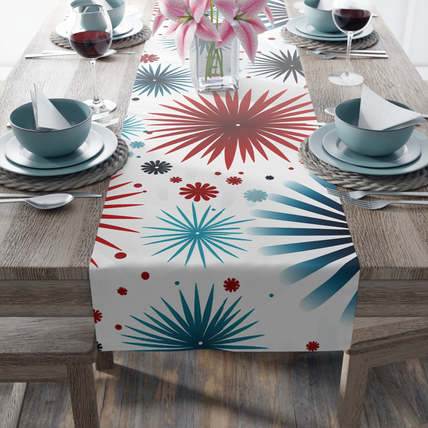Starburst Floral Table Runner — Blue & Terracotta Cotton-Poly Dining Decor