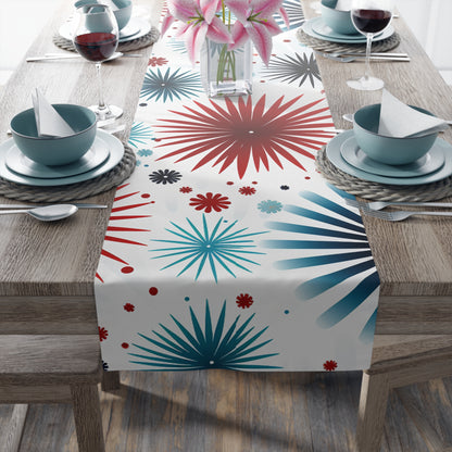 Starburst Floral Table Runner — Blue & Terracotta Cotton-Poly Dining Decor