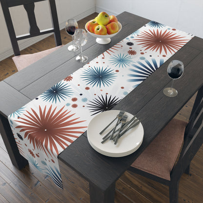 Starburst Floral Table Runner — Blue & Terracotta Cotton-Poly Dining Decor
