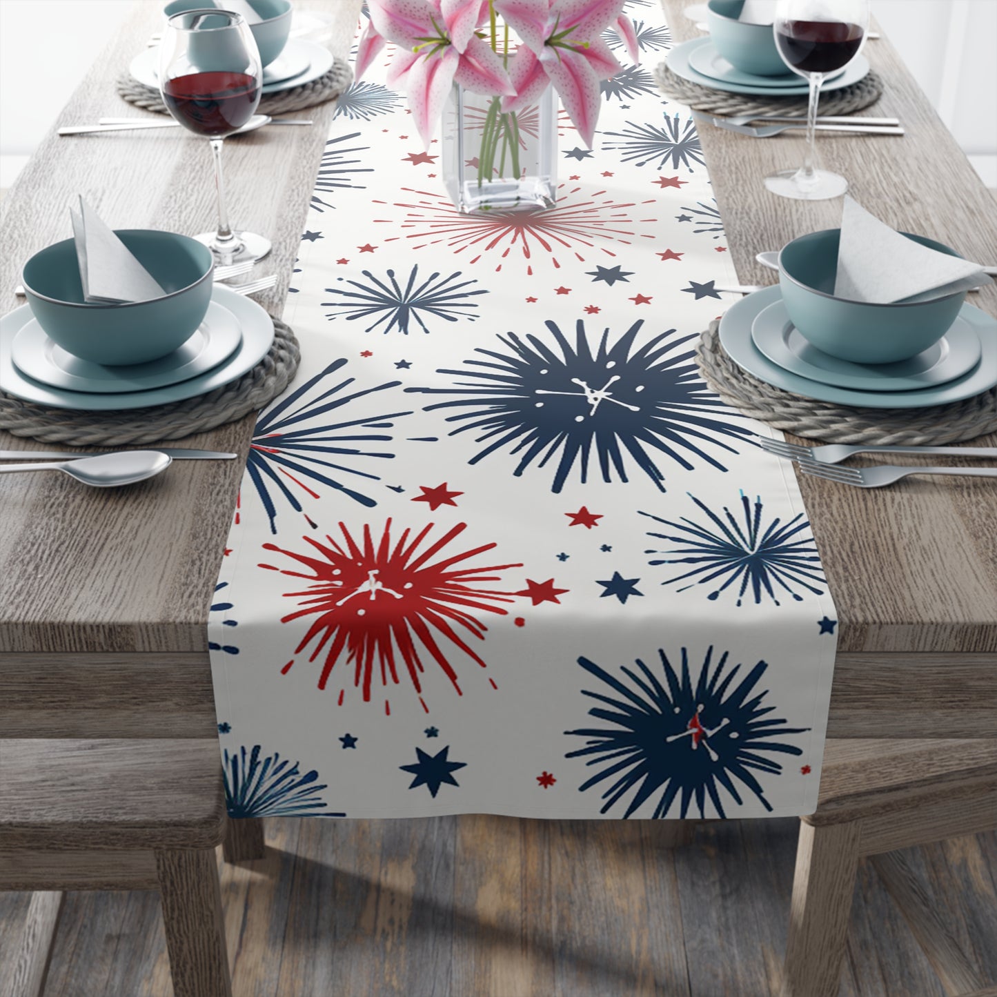 Firework Pattern Table Runner - Patriotic Red & Navy Cotton Blend
