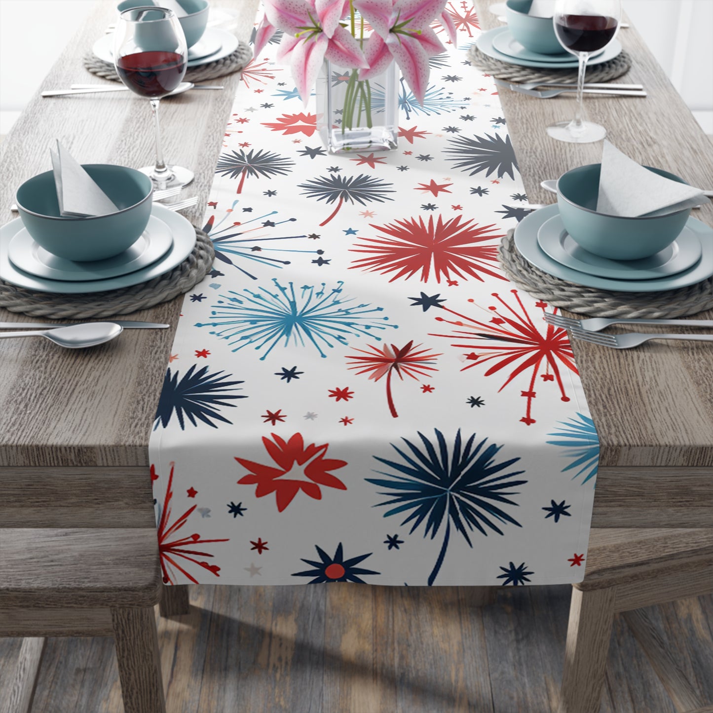 Starburst Holiday Table Runner — Blue & Copper Firework Pattern