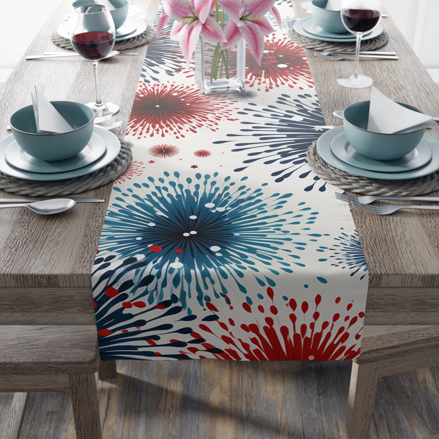 Firework Burst Table Runner — Blue & Rust Floral Celebration Decor