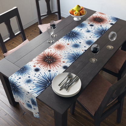 Starburst Fireworks Table Runner — Patriotic Red & Blue Holiday Table Decor