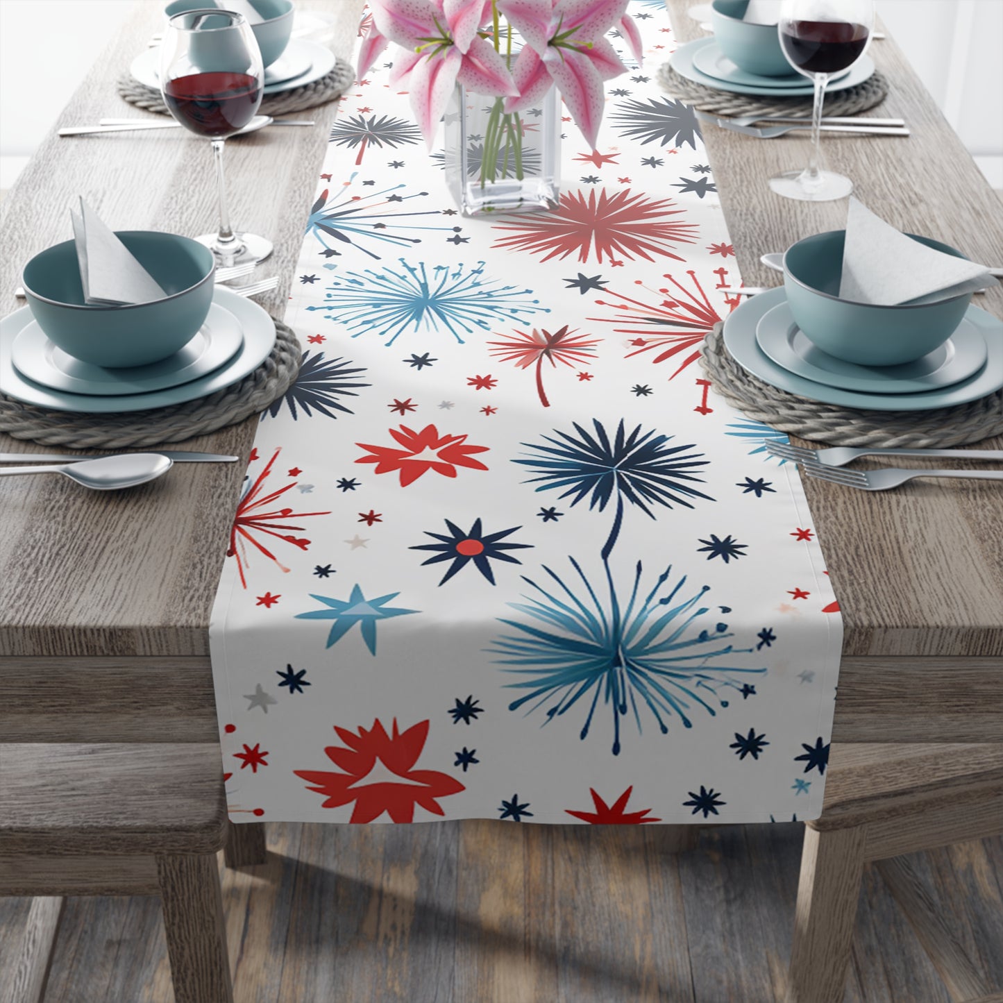 Starburst Holiday Table Runner — Blue & Copper Firework Pattern