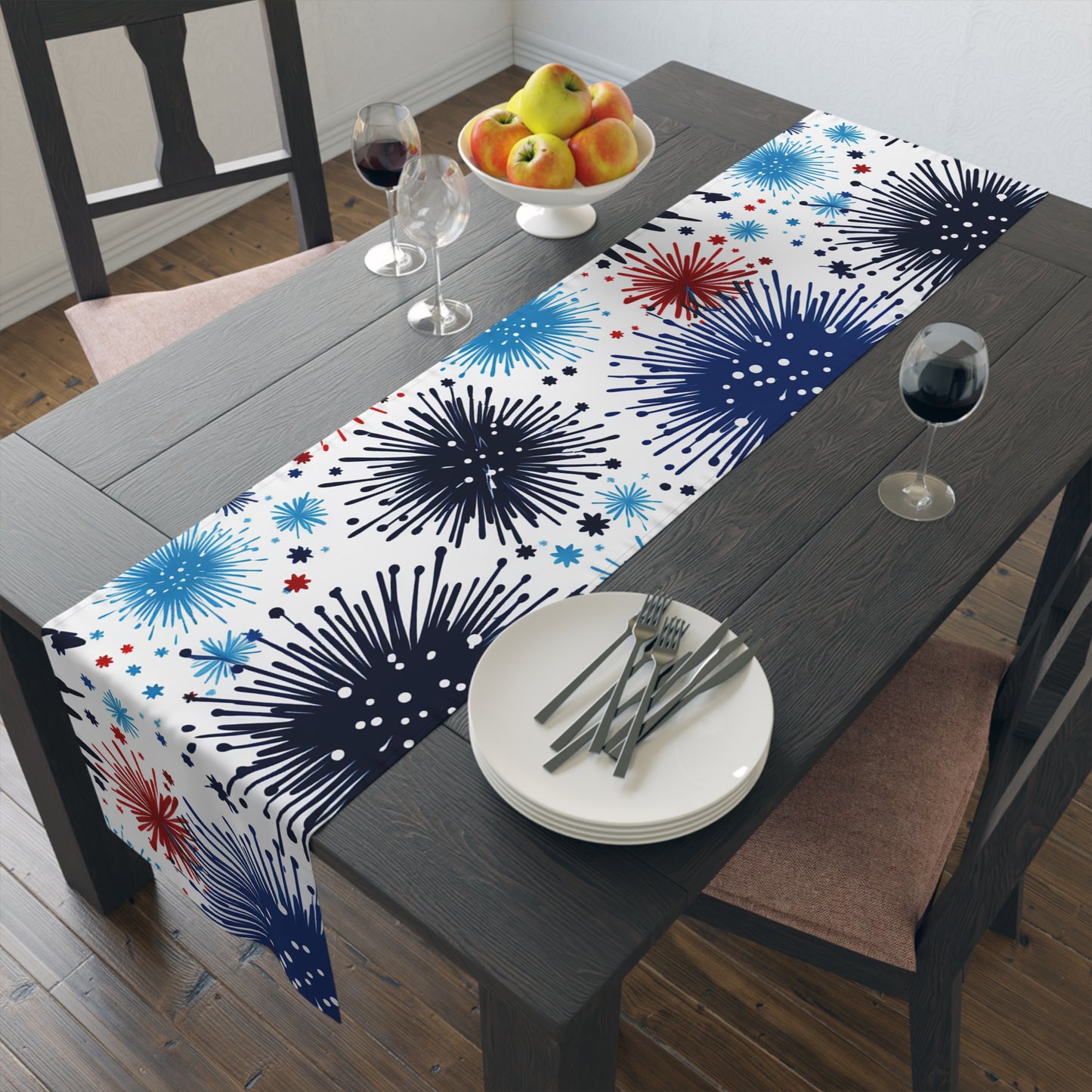 Firework Floral Table Runner — Navy & Copper Cotton-Blend Dining Decor