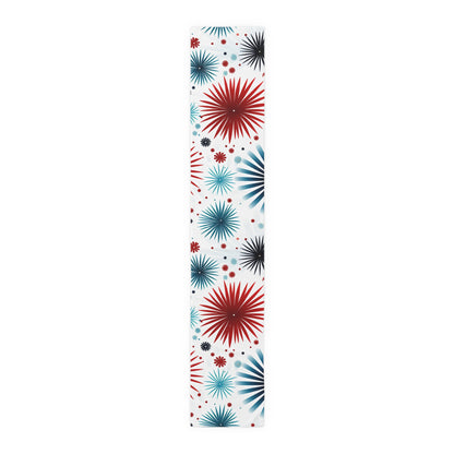 Starburst Floral Table Runner — Blue & Terracotta Cotton-Poly Dining Decor