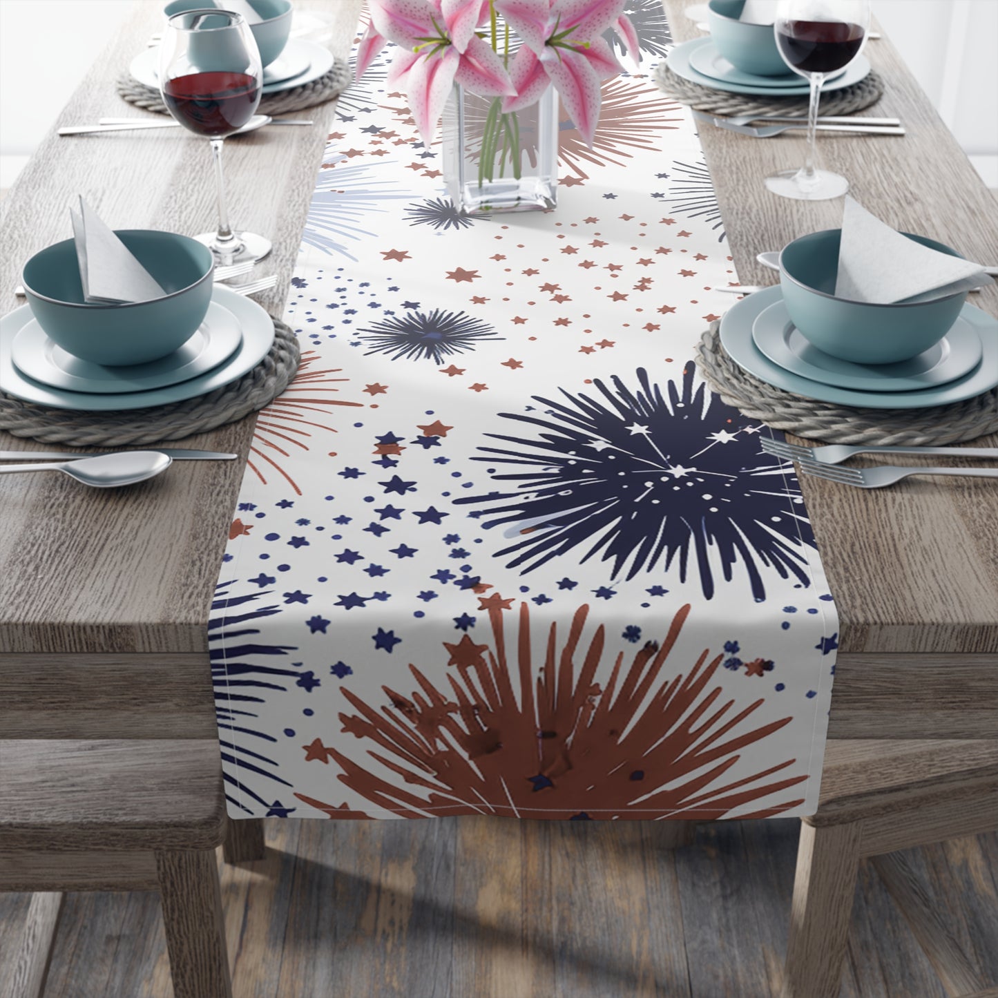 Patriotic Fireworks Table Runner — Red, White & Blue Starburst Holiday Decor