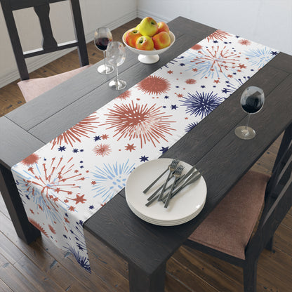 Patriotic Fireworks Table Runner — Red White Blue Celebration Decor