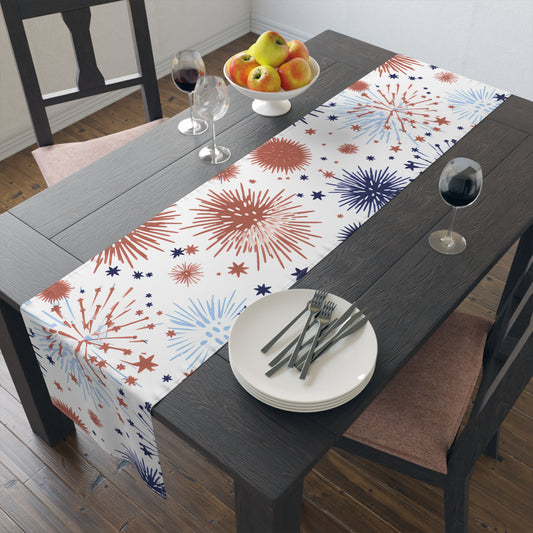 Patriotic Fireworks Table Runner — Red White Blue Celebration Decor
