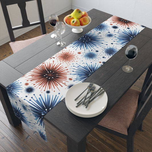 Starburst Fireworks Table Runner — Patriotic Red & Blue Holiday Table Decor