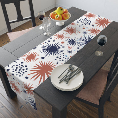 Patriotic Fireworks Table Runner – Red & Navy Starburst Cotton-Blend Decor