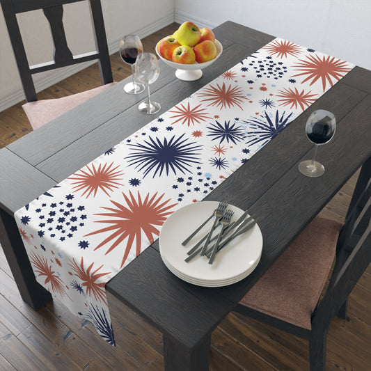 Patriotic Fireworks Table Runner – Red & Navy Starburst Cotton-Blend Decor