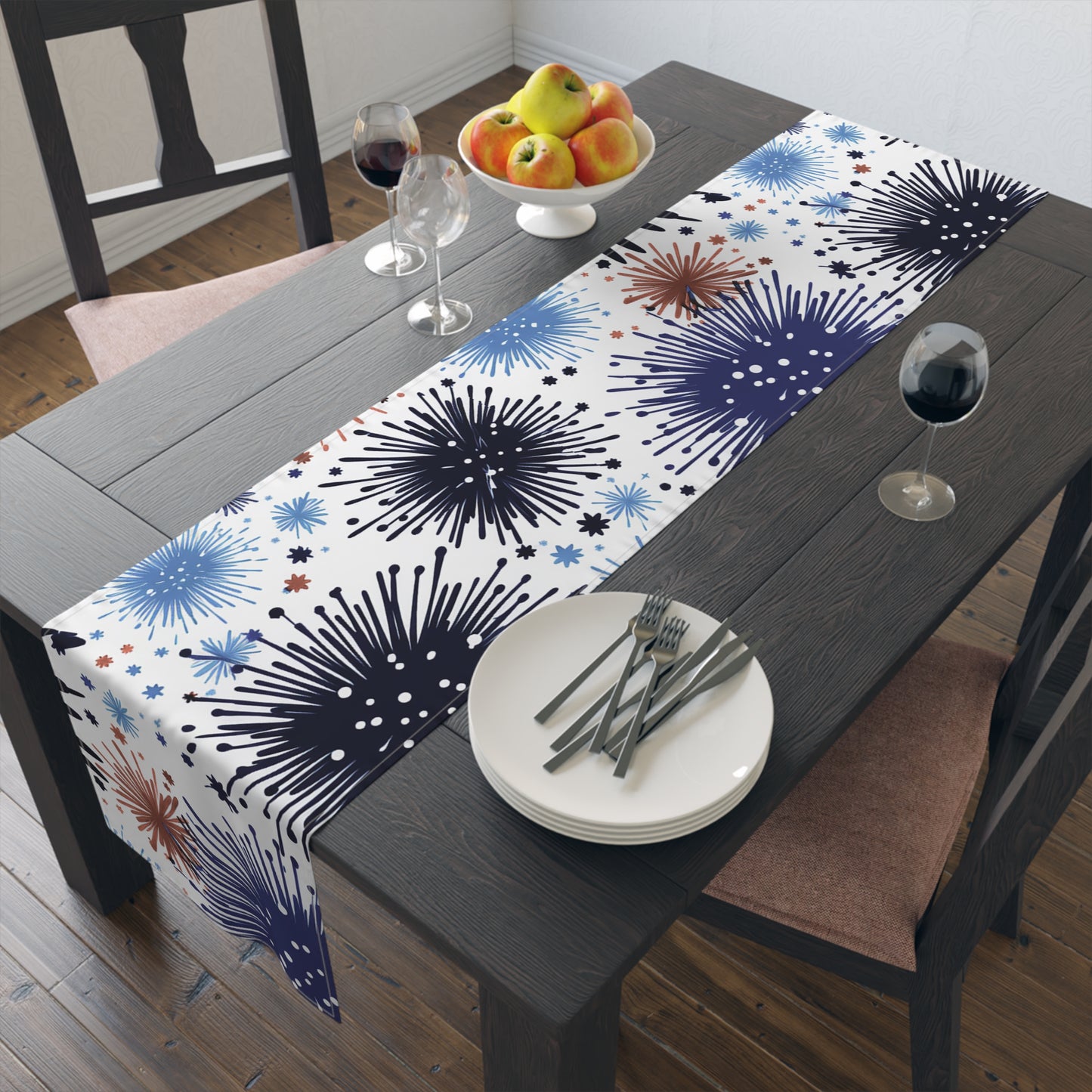 Firework Floral Table Runner — Navy & Copper Cotton-Blend Dining Decor