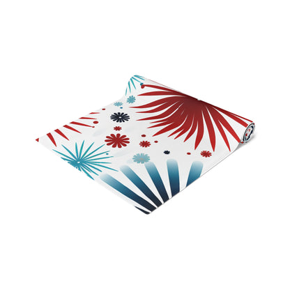 Starburst Floral Table Runner — Blue & Terracotta Cotton-Poly Dining Decor