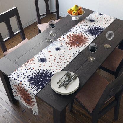 Patriotic Fireworks Table Runner — Red, White & Blue Starburst Holiday Decor