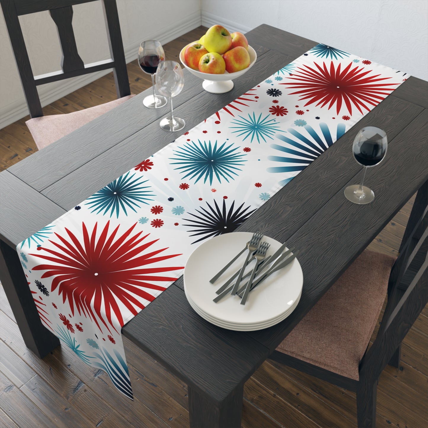 Starburst Floral Table Runner — Blue & Terracotta Cotton-Poly Dining Decor