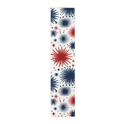 Patriotic Fireworks Table Runner – Red & Navy Starburst Holiday Decor