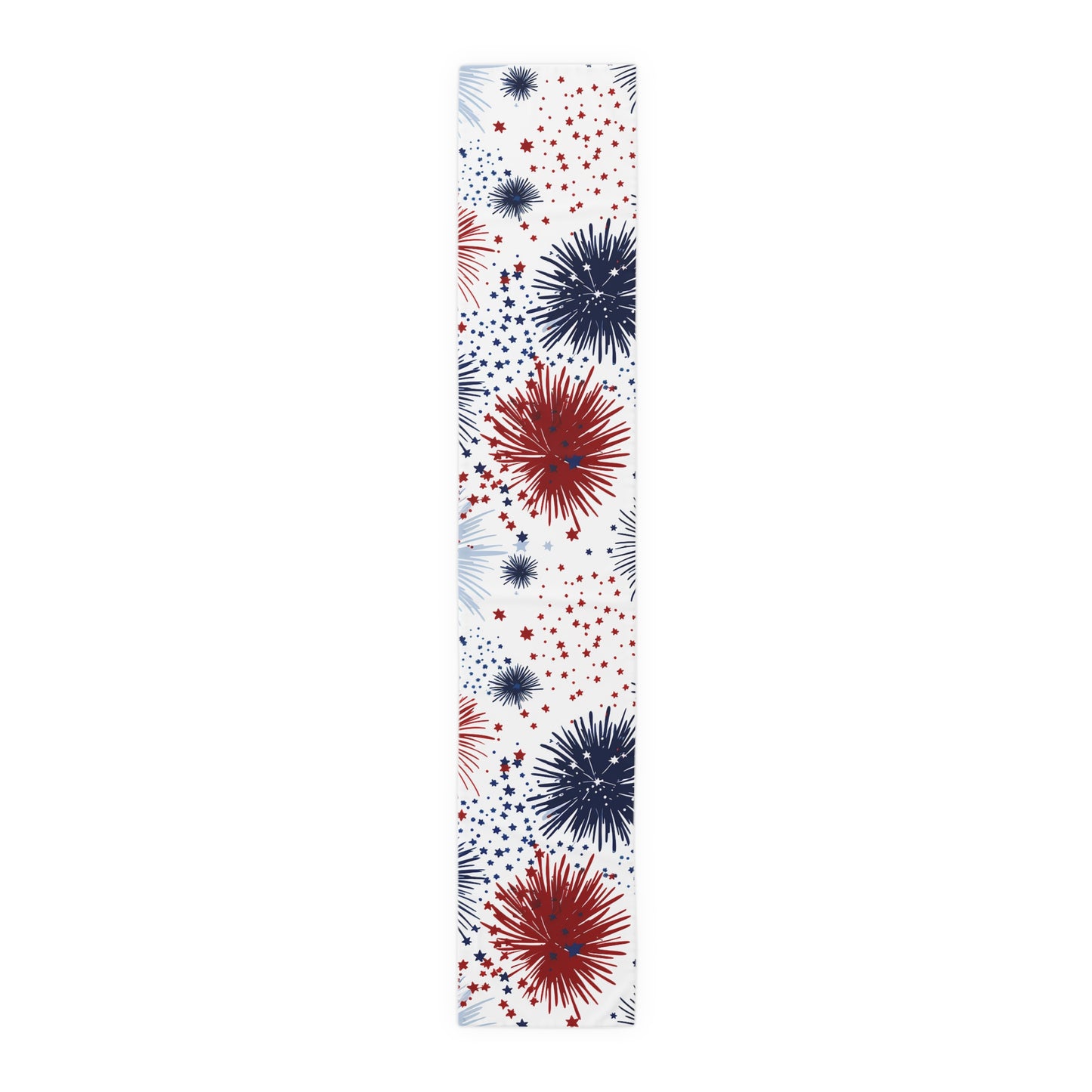 Patriotic Fireworks Table Runner — Red, White & Blue Starburst Holiday Decor