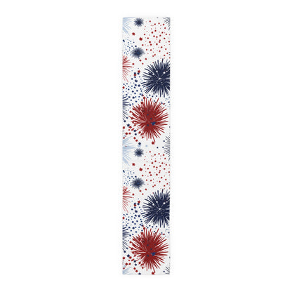 Patriotic Fireworks Table Runner — Red, White & Blue Starburst Holiday Decor
