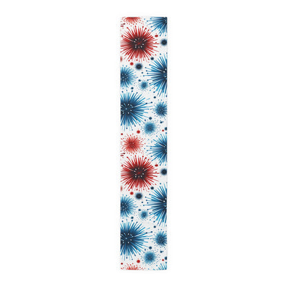 Starburst Fireworks Table Runner — Patriotic Red & Blue Holiday Table Decor