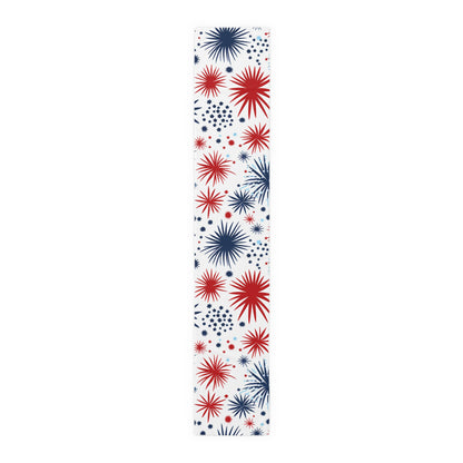 Patriotic Fireworks Table Runner – Red & Navy Starburst Cotton-Blend Decor