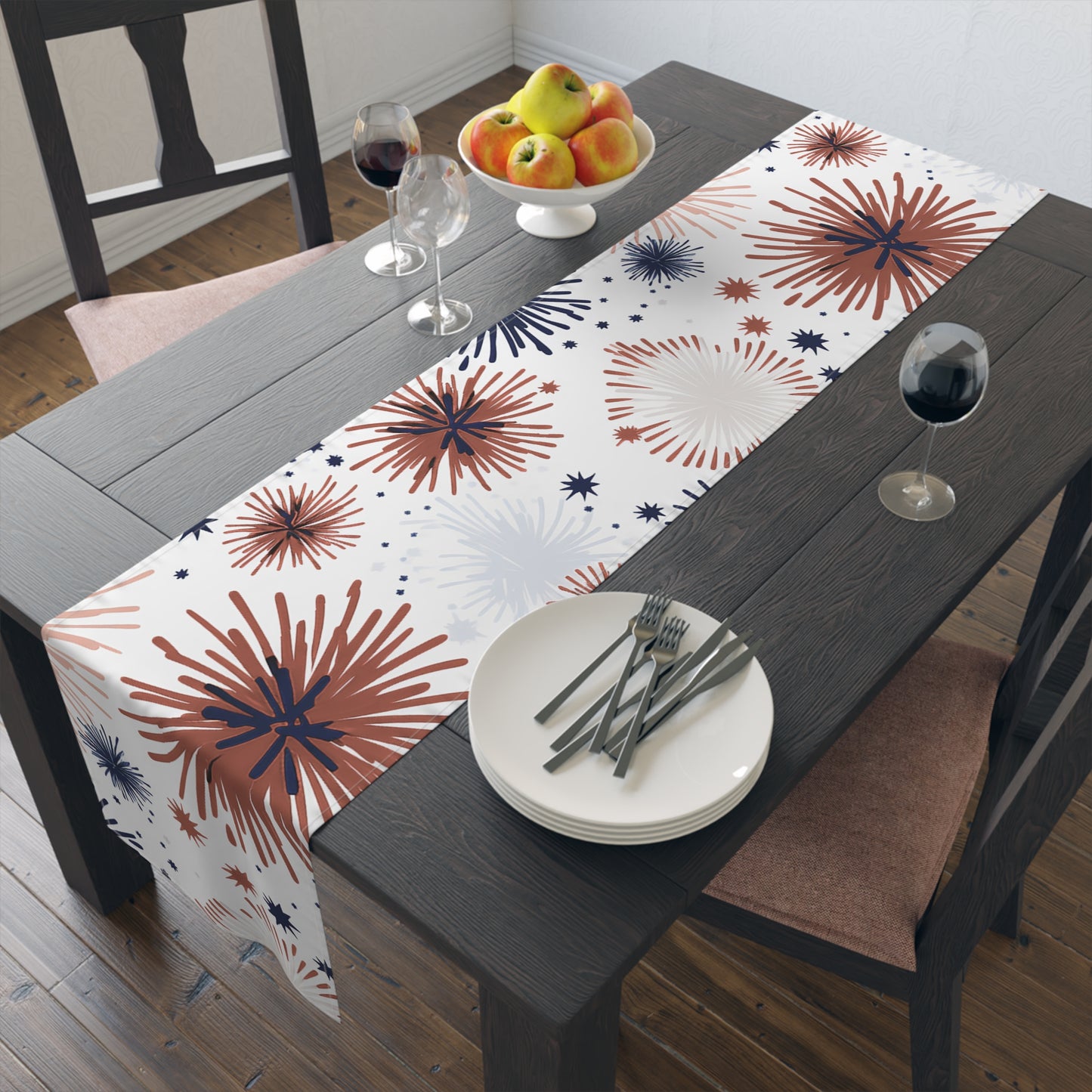 Firework Floral Table Runner – Navy & Terracotta Cotton-Poly Accent for Seasonal & Holiday Tables