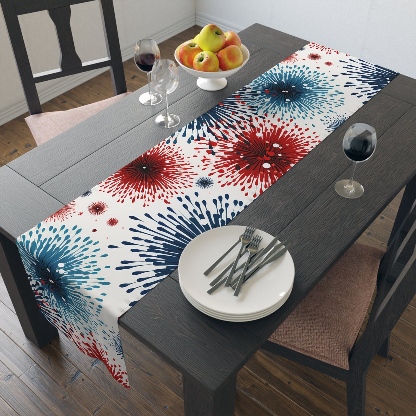 Firework Burst Table Runner — Blue & Rust Floral Celebration Decor