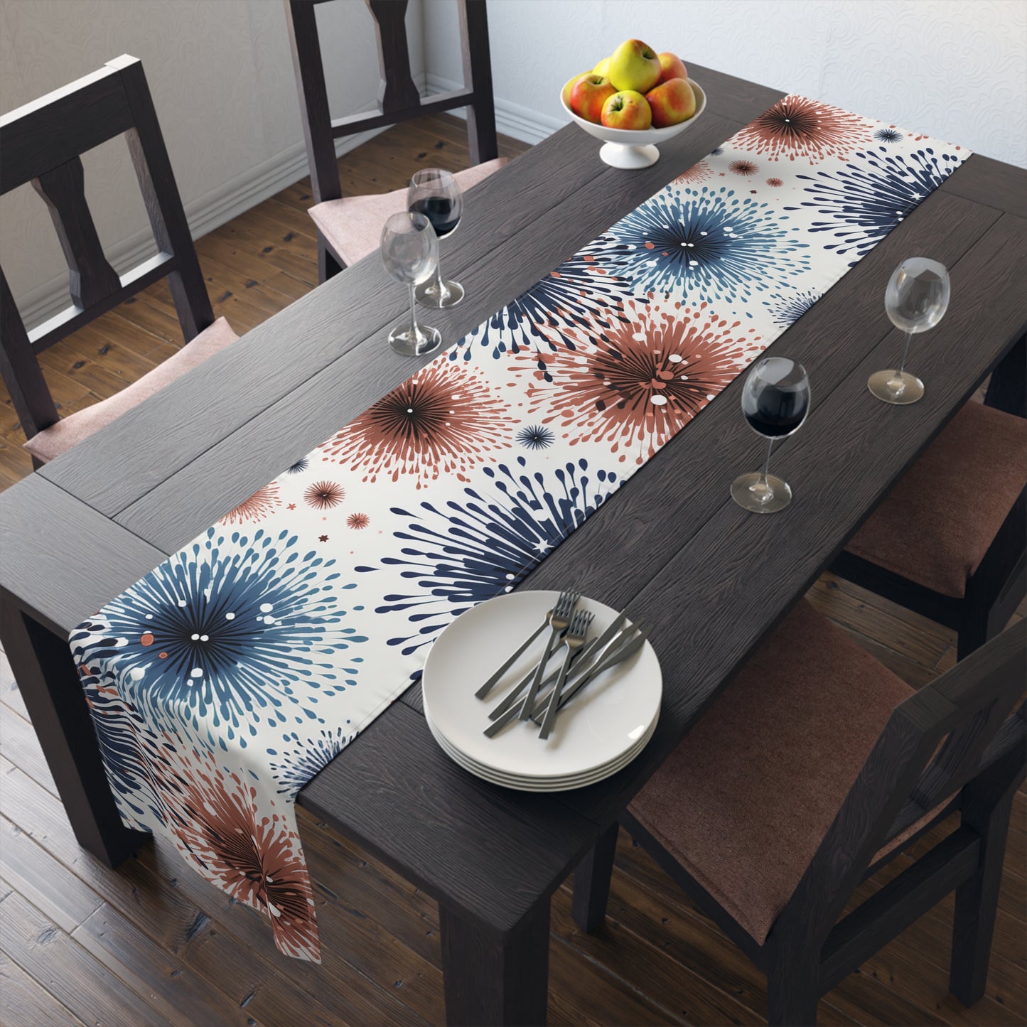 Firework Burst Table Runner — Blue & Rust Floral Celebration Decor