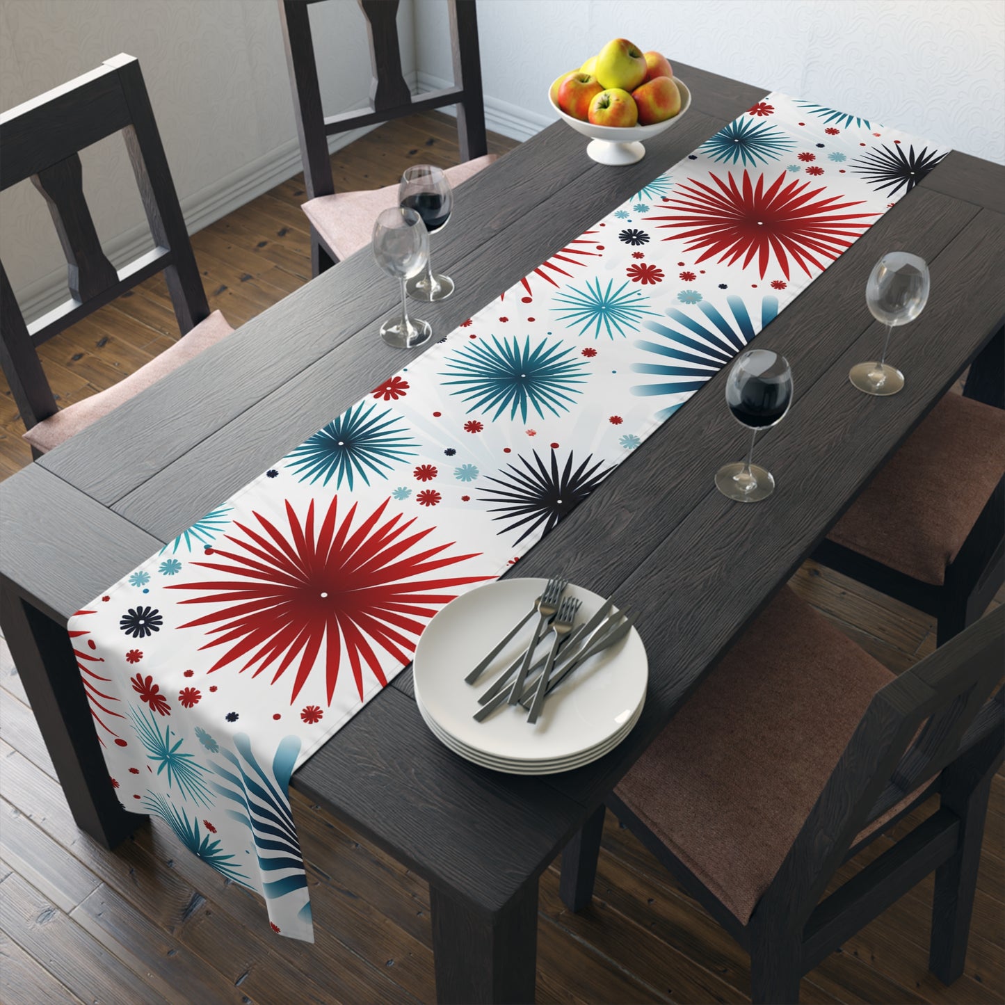 Starburst Floral Table Runner — Blue & Terracotta Cotton-Poly Dining Decor