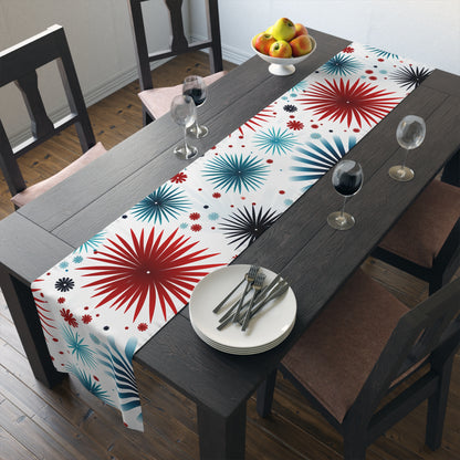 Starburst Floral Table Runner — Blue & Terracotta Cotton-Poly Dining Decor