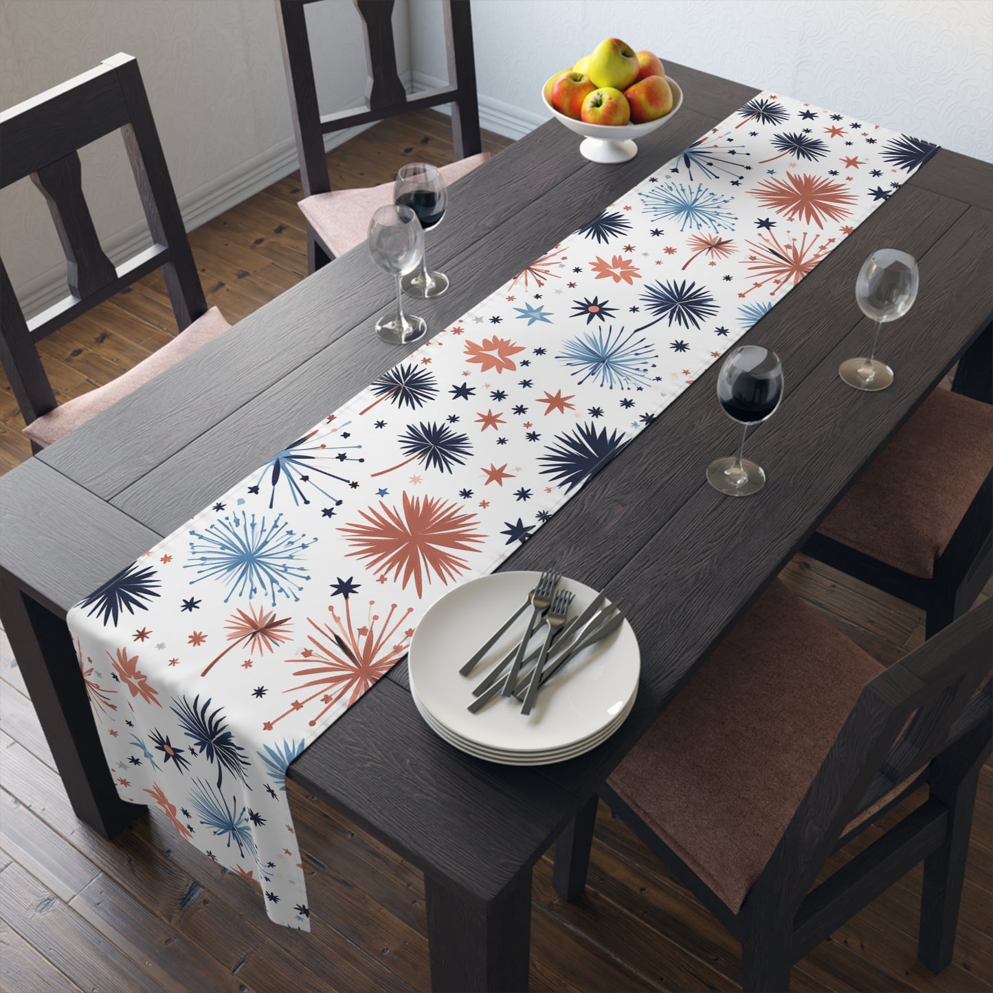 Starburst Holiday Table Runner — Blue & Copper Firework Pattern