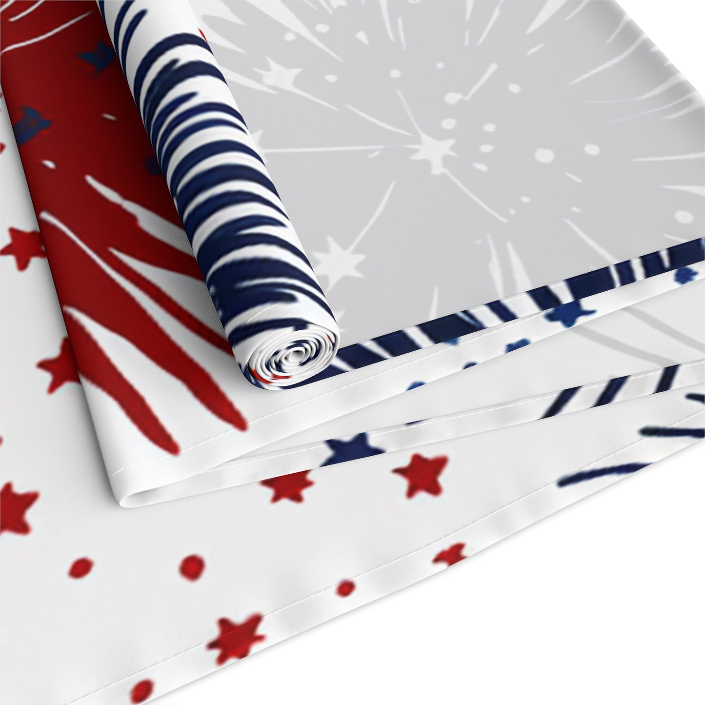 Patriotic Fireworks Table Runner — Red, White & Blue Starburst Holiday Decor