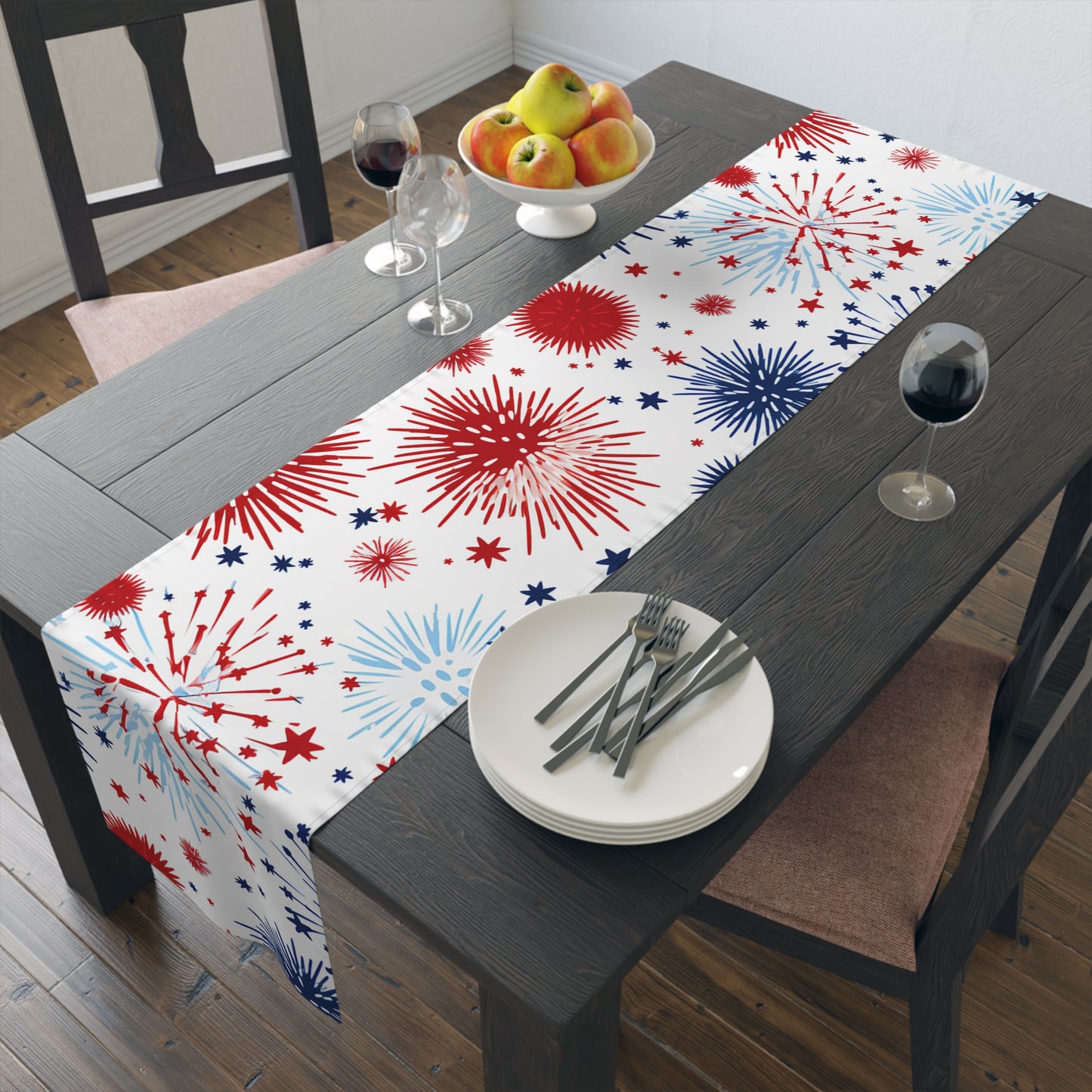 Patriotic Fireworks Table Runner — Red White Blue Celebration Decor