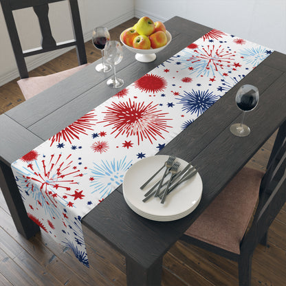 Patriotic Fireworks Table Runner — Red White Blue Celebration Decor