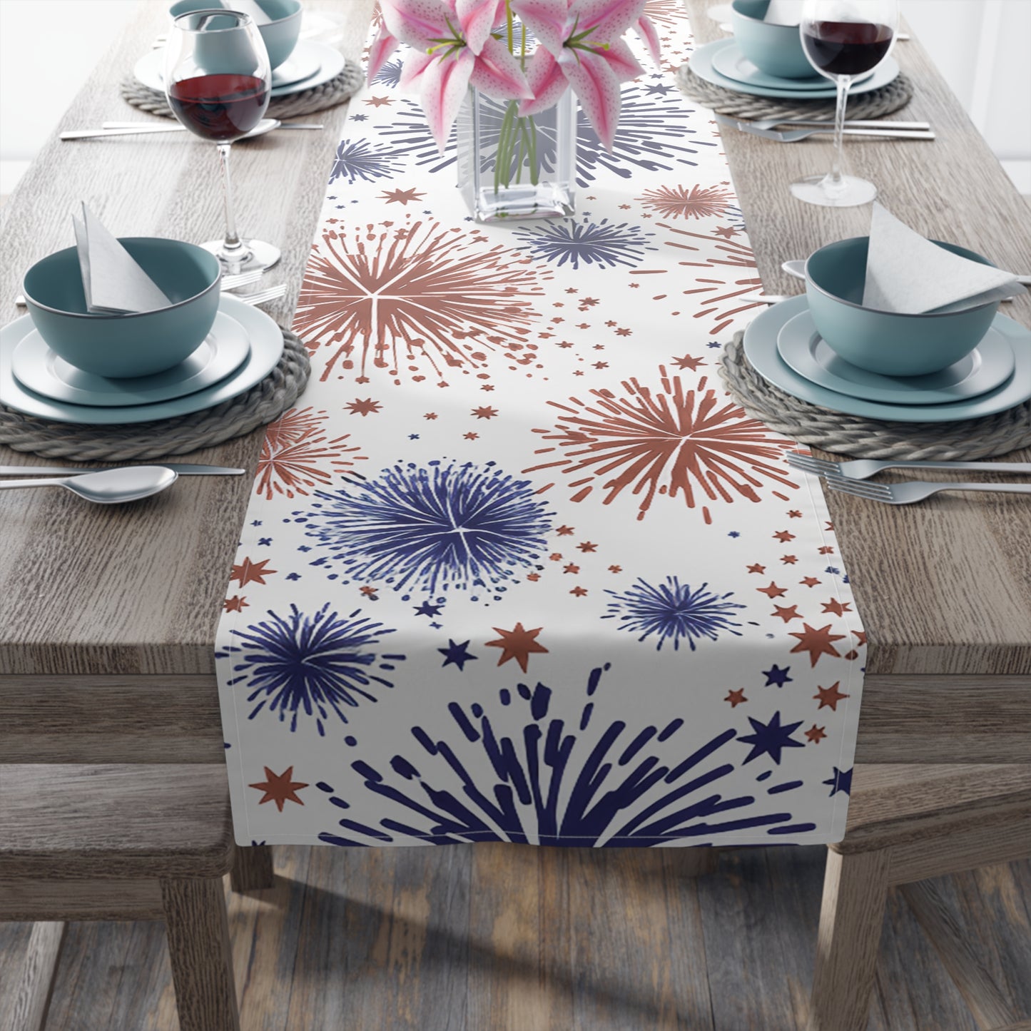 Patriotic Fireworks Table Runner — Red, White & Blue Festival Decor