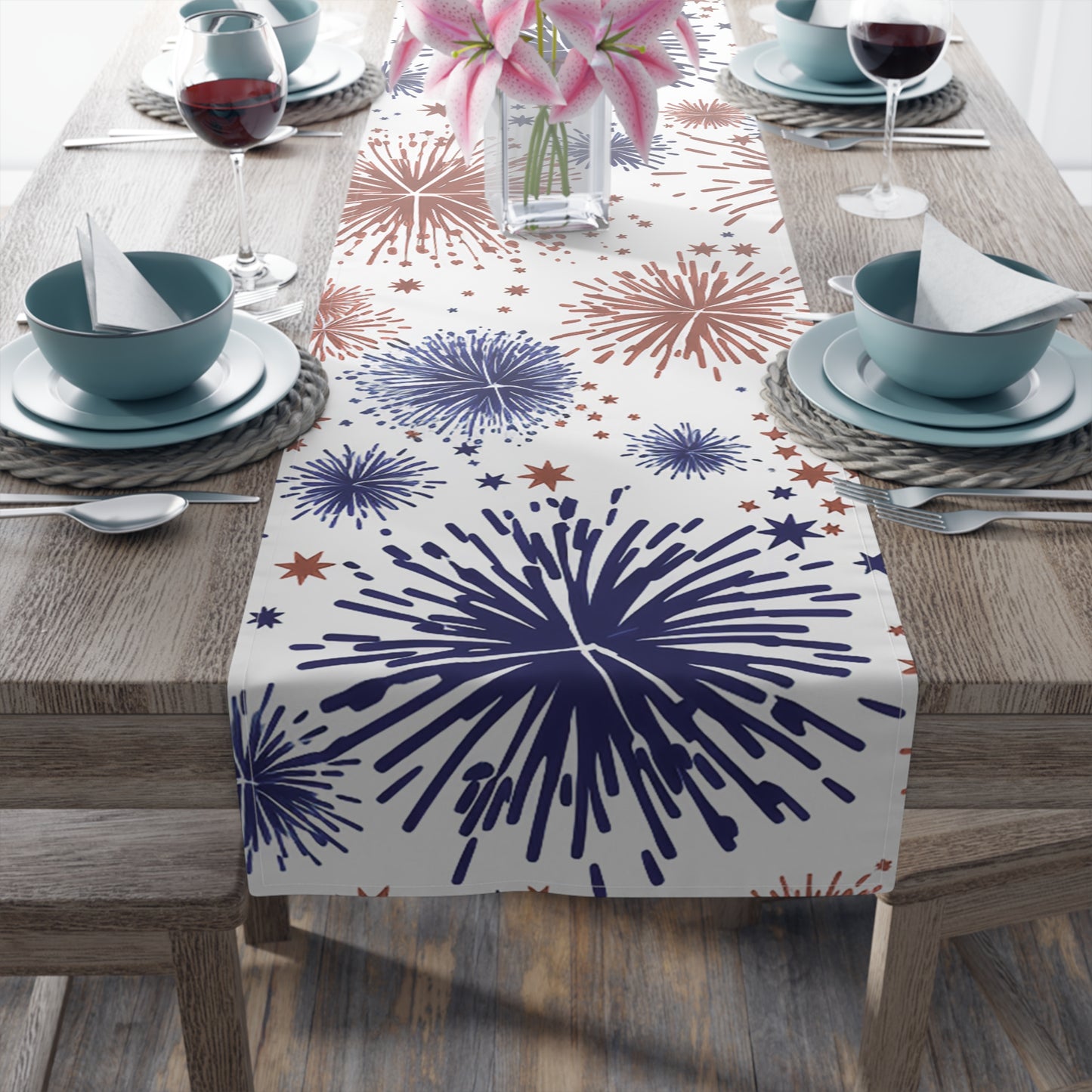 Patriotic Fireworks Table Runner — Red, White & Blue Festival Decor