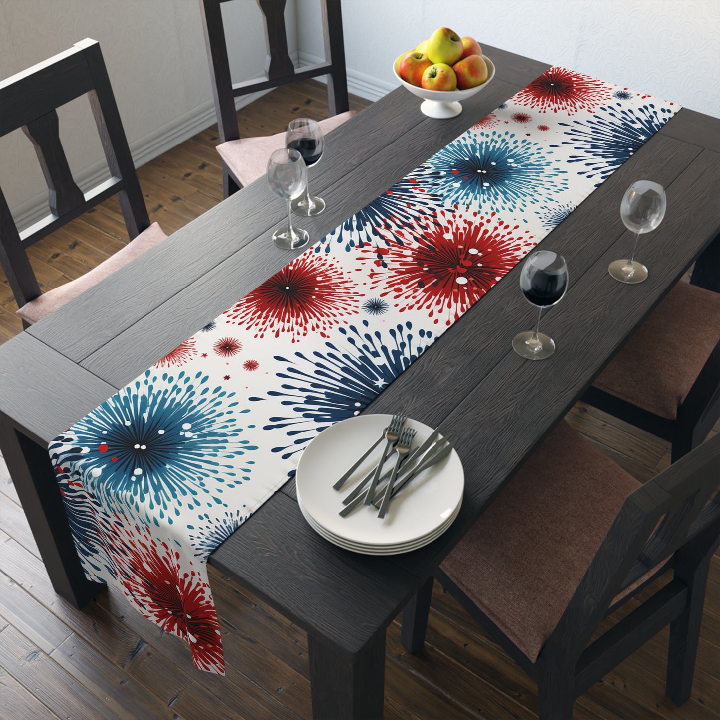 Firework Burst Table Runner — Blue & Rust Floral Celebration Decor
