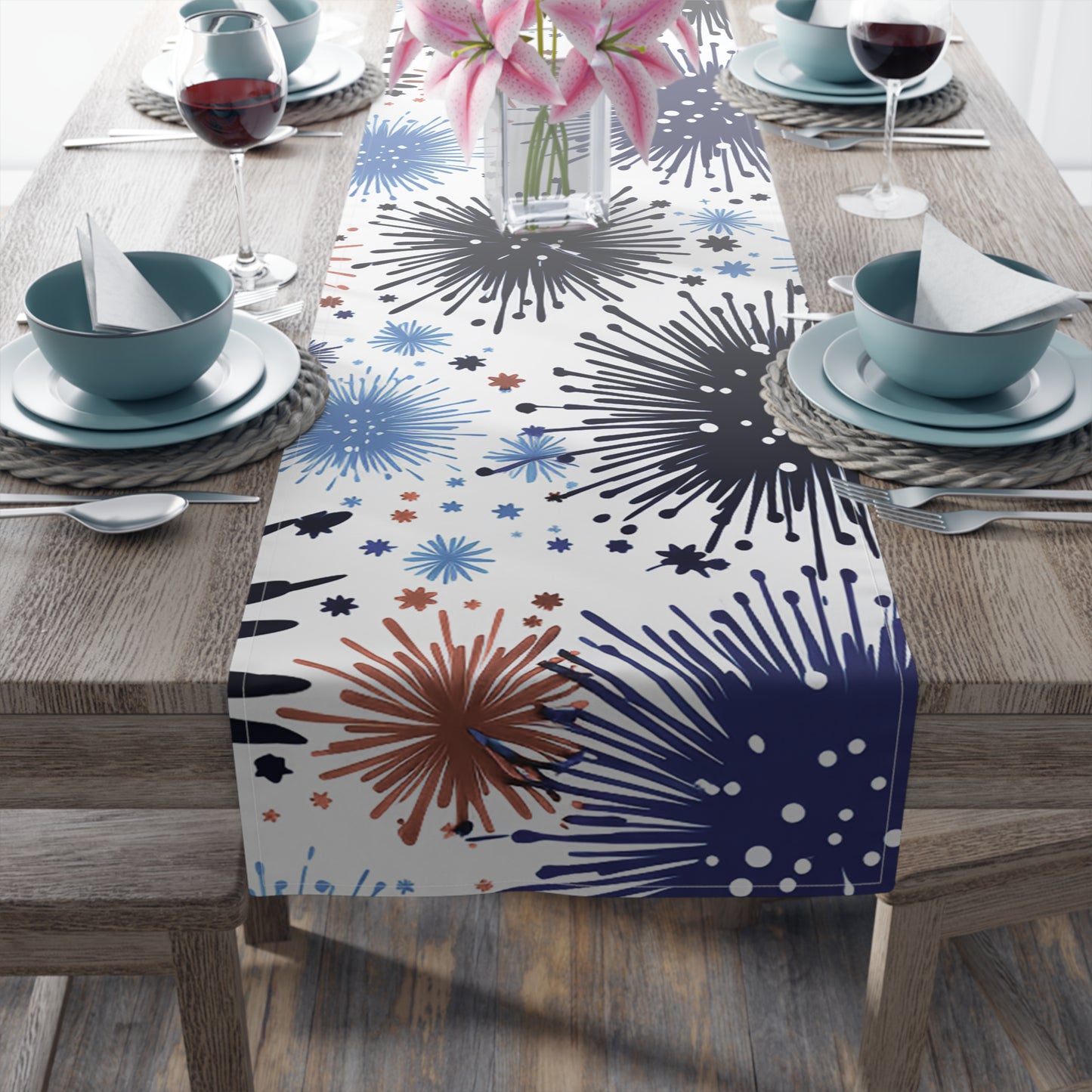 Firework Floral Table Runner — Navy & Copper Cotton-Blend Dining Decor