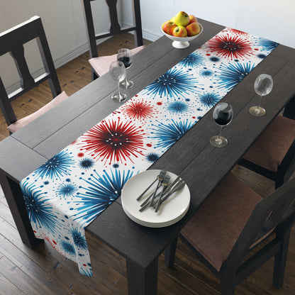 Starburst Fireworks Table Runner — Patriotic Red & Blue Holiday Table Decor