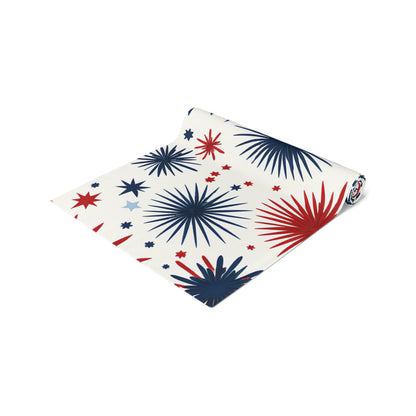 Patriotic Fireworks Table Runner – Red & Navy Starburst Holiday Decor
