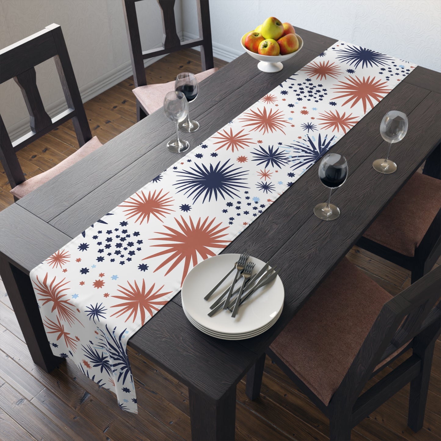 Patriotic Fireworks Table Runner – Red & Navy Starburst Cotton-Blend Decor