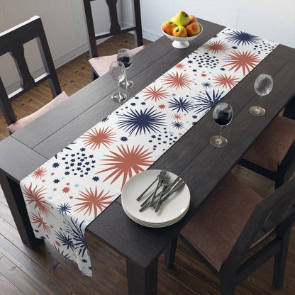 Patriotic Fireworks Table Runner – Red & Navy Starburst Cotton-Blend Decor