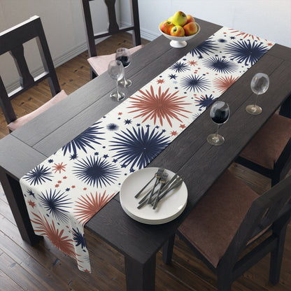 Patriotic Fireworks Table Runner – Red & Navy Starburst Holiday Decor