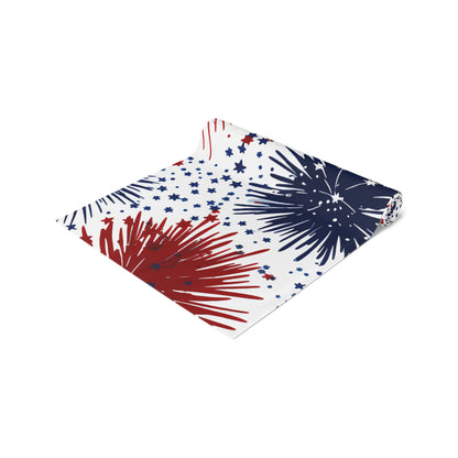 Patriotic Fireworks Table Runner — Red, White & Blue Starburst Holiday Decor